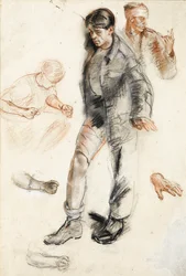 Studium dla Advanced Dressing Station we Francji, 1918 (pióro i atrament z czarnymi i czerwonymi kredami na papierze)